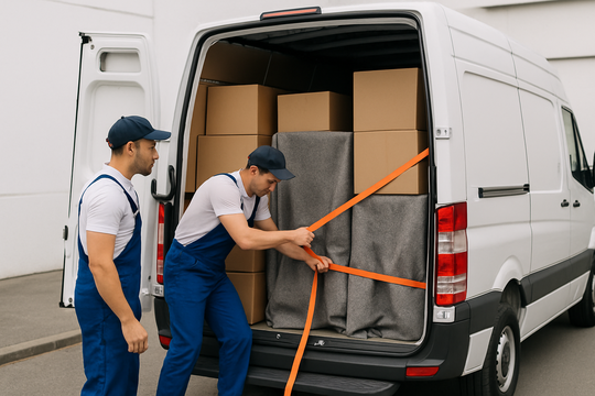 Beiladung Bochum – Helfer sichert Ladung im Transporter
